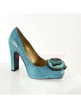 Maximalist | Hale Bob Turquoise Heels | Croc Embossed Block Teal Platforms | 8.5
